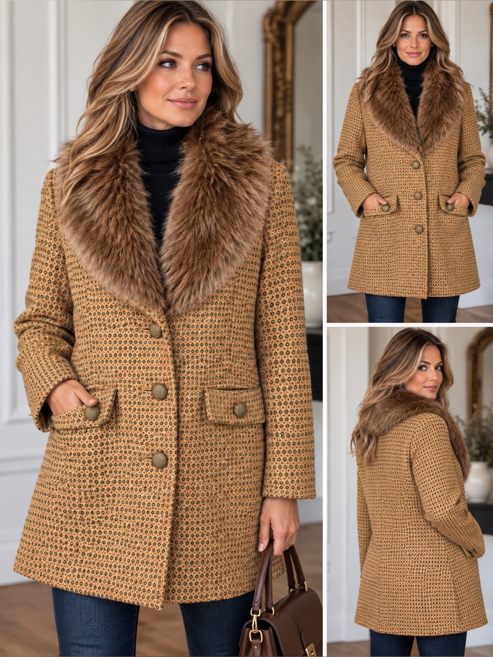 Merona Wool Blend Faux Fur Penny Lane 70s Style Coat Brown Tan L